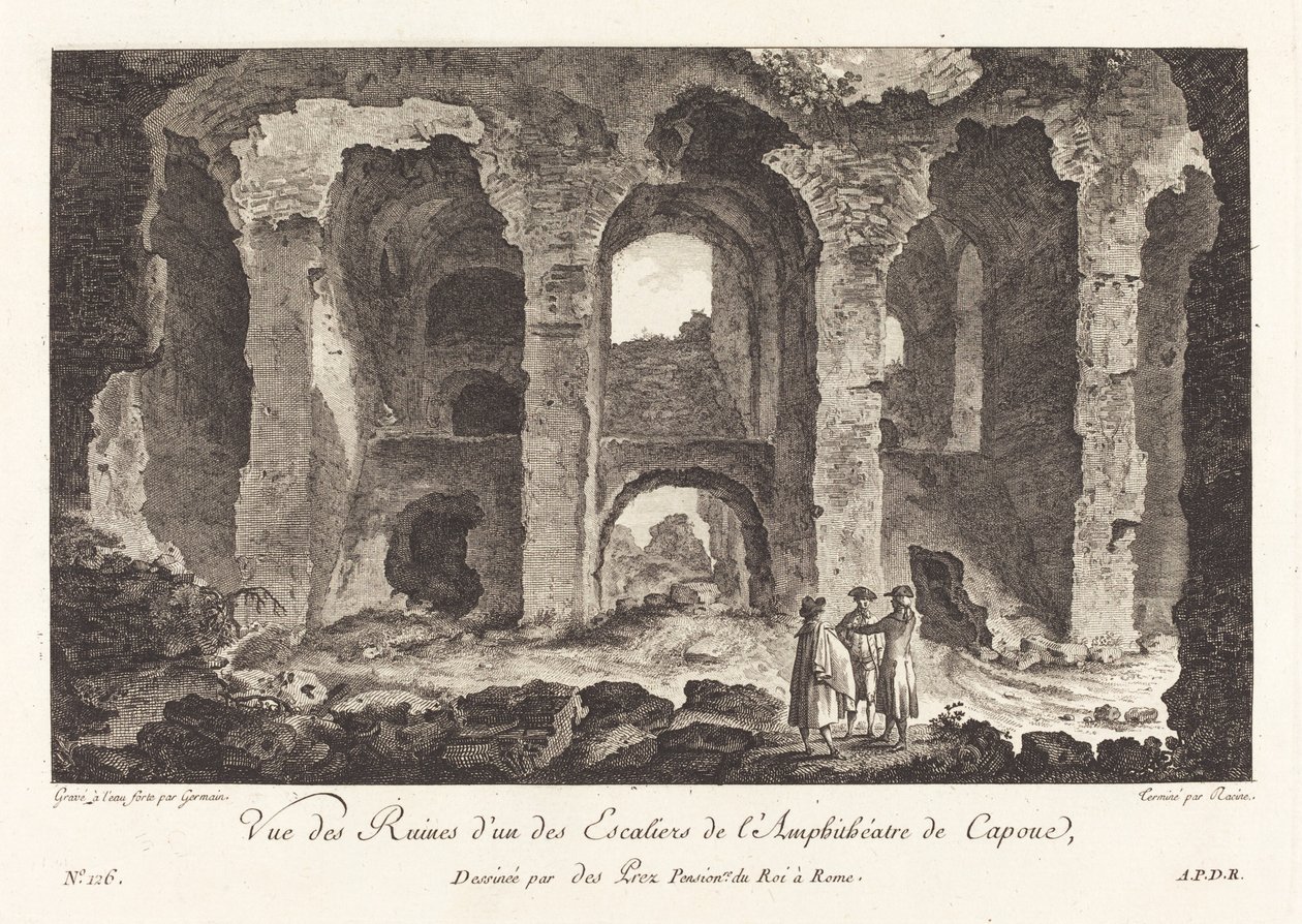 Utsikt over ruinene fra en av trappene til Capua amfiteater av P.F. Germain after Louis Jean Desprez