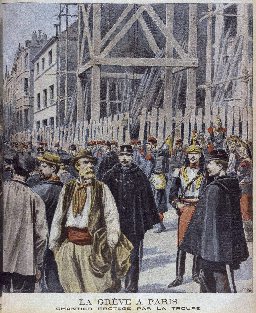 Streik i Paris, byggeplass beskyttet av hæren, illustrasjon fra 'Le Petit Journal' Supplement illustre, 23. oktober 1898, gravert av Henri Meyer (1844-91) av P.H.G.V. Michel