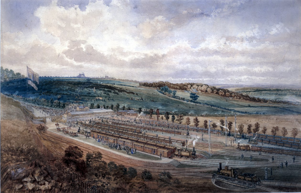 Epsom Station på Derby Day, 1878 (wc på papir) av P.R. Perry