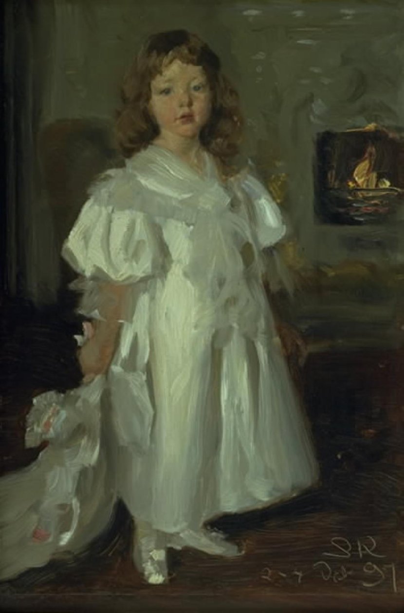 En liten jente, Helga Melchior, i en lang kjole av Peder Severin Krøyer