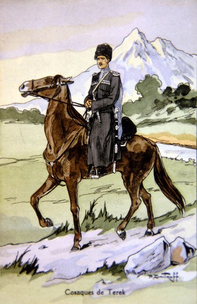 Postkort som viser en Terek Cossack, ca. 1914 (litho i farger) av P. (after) Dmitroff