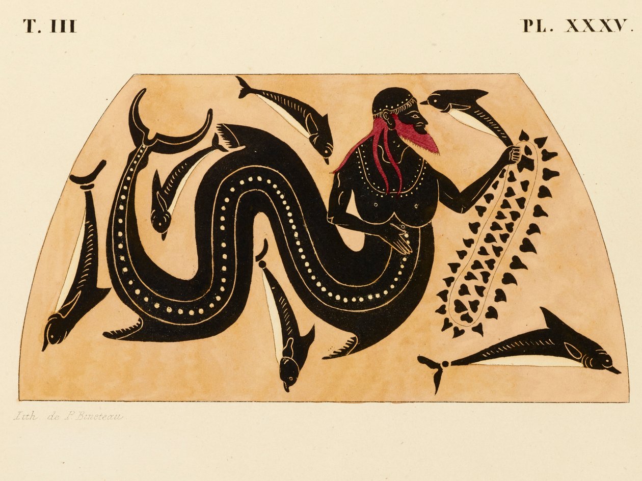 Trykk av dekorasjonen på en gresk amfora, som viser Poseidon akkompagnert av delfiner, ca. 1858 (akvarell og kroppsfarge over litho på vevd papir) av P. Bineteau