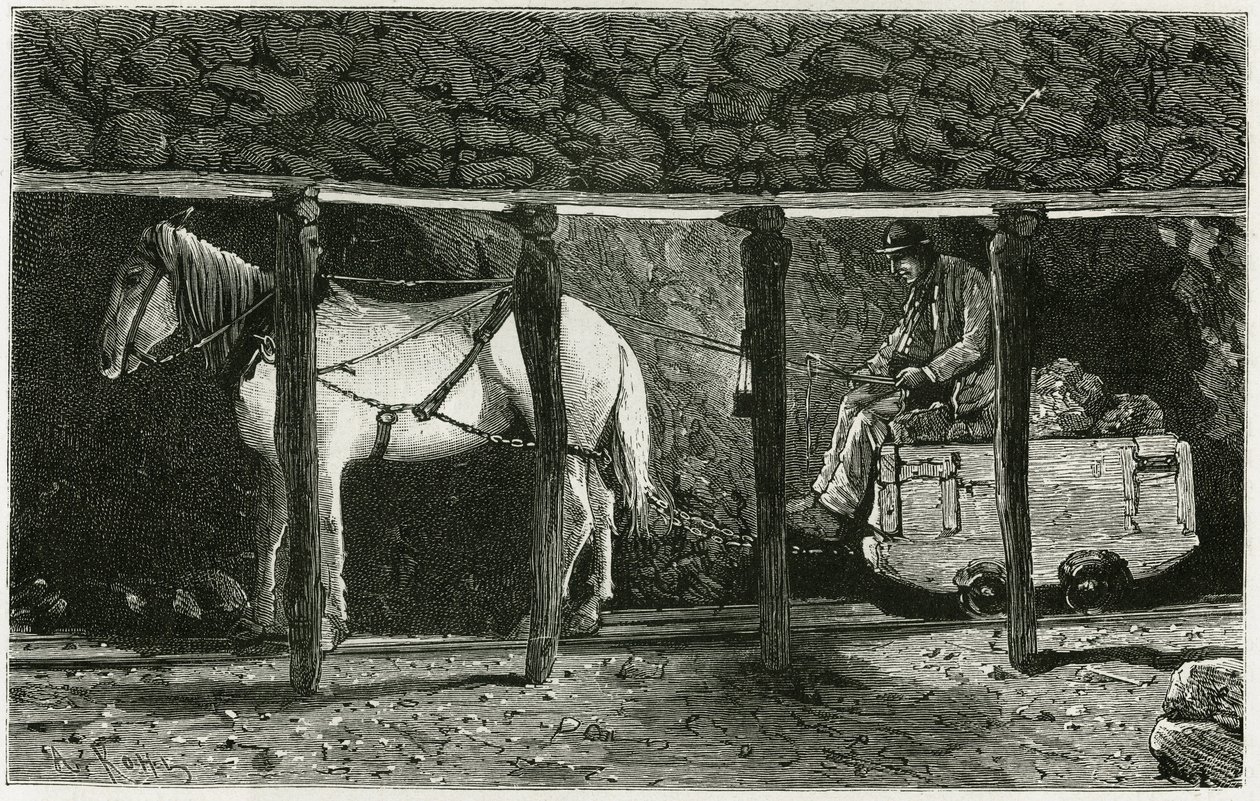 Interiør i et galleri med berlaine. Gravering av Ferat, for å illustrere historien "" Belgia", av Camille Lemonnier (1844-1913) belgisk forfatter. Publisert i Le Tour du monde, nouveau journal des voyages, 2. semester 1884, redigert av Edouard Charton (180 av P. Ferat