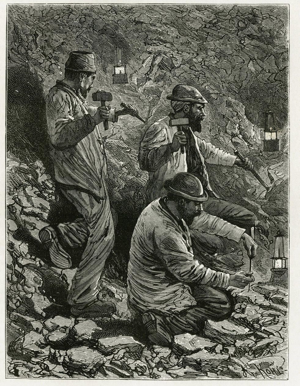 Gruvearbeidere trekker ut kull i blodåren. Gravering av Ferat, for å illustrere historien "" Belgia "", av Camille Lemonnier (1844-1913) belgisk forfatter. Publisert i Le Tour du monde, nouveau journal des voyages, 2. semester 1884, red av P. Ferat