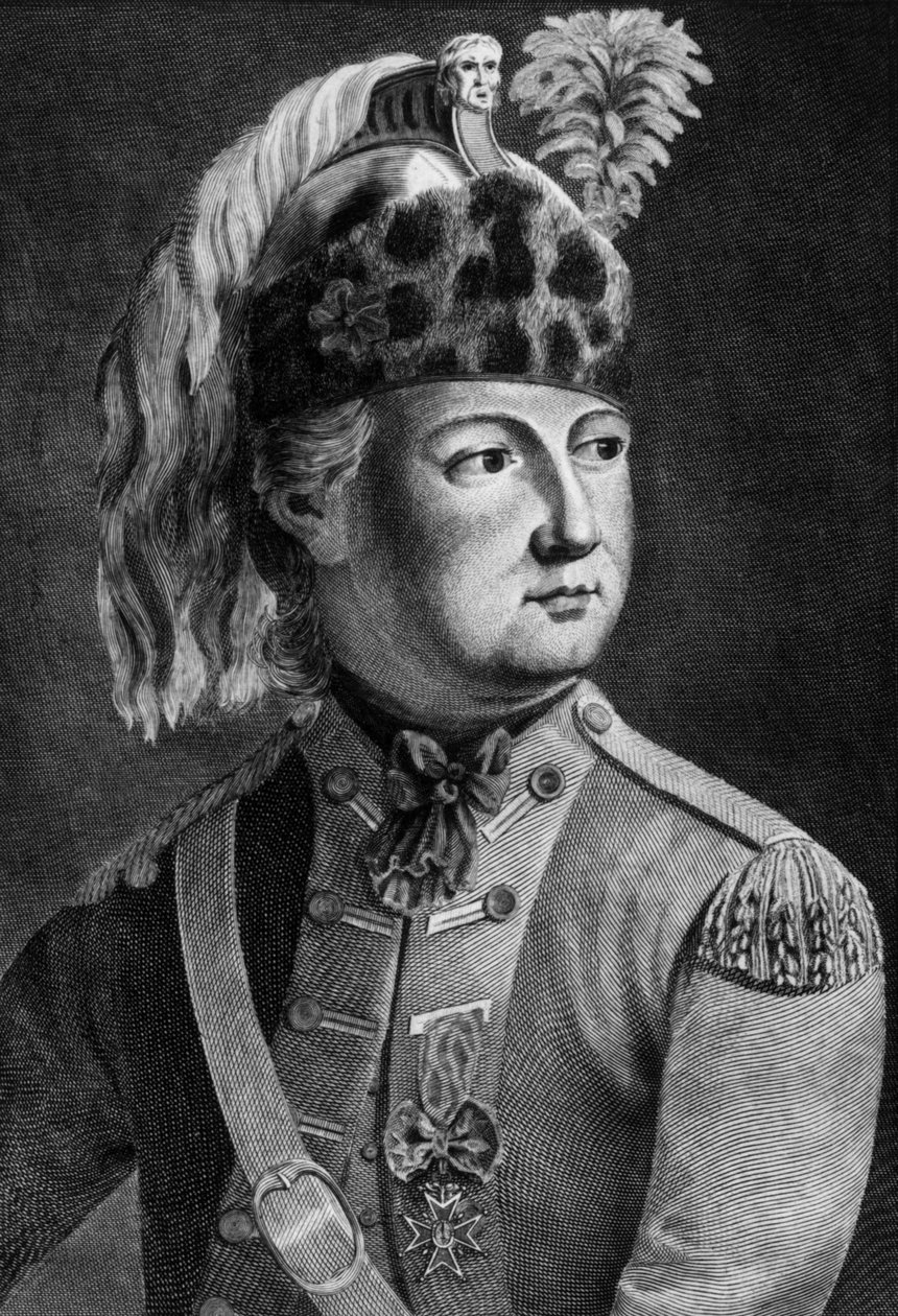 Ridder av Eon (1728-1810), fransk hemmelig agent for kongen, han pleide å kle seg i kors, gravere av P. Jean Baptiste Bradel