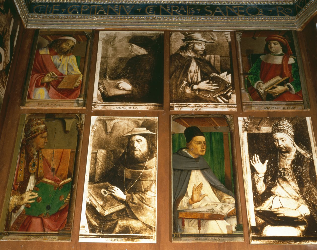 Studiet til Federigo da Montefeltro, hertugen av Urbino, med klokken fra TL: Euklides av Megara, gresk filosof (450-374 f.Kr.); Vittorino da Feltre, italiensk pedagog (1378-1446); Solon, athensk lov av P. Joos van Gent and Berruguete