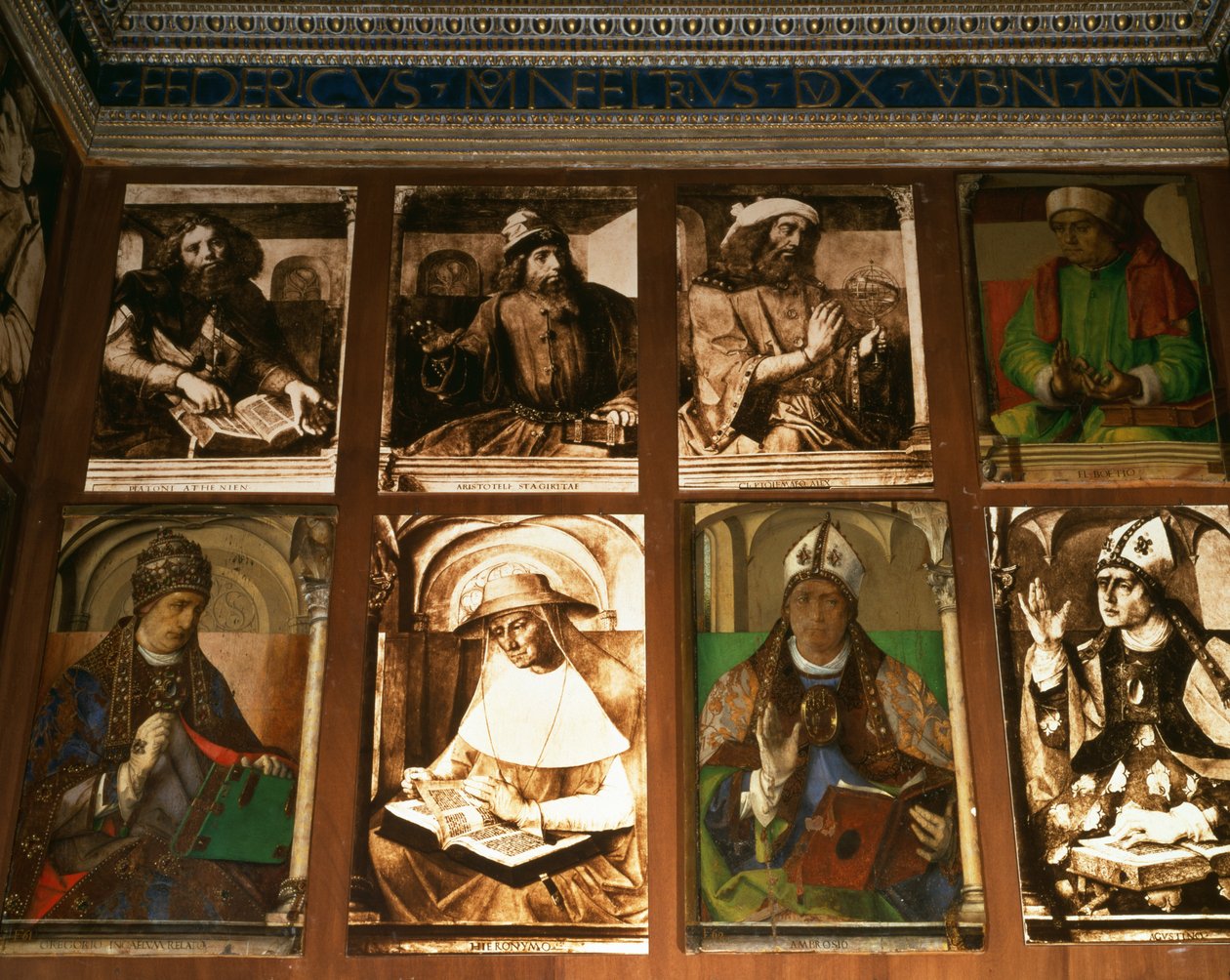 Studiet av Federigo da Montefeltro, hertug av Urbino, med klokken fra TL: De greske filosofene Platon (ca.427-347 f.Kr.) og Aristoteles (384-322 f.Kr.); Ptolemaios, astronom (ca. 90-168); Boethius, filosof (ca. 48 av P. Joos van Gent and Berruguete