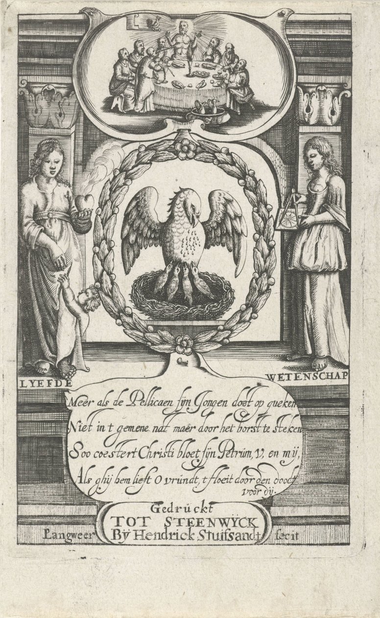 Pelikan mater ungene sine med sitt eget blod Tittelside for: D. van Baardt, Tapytje der Geestelijcke ende wereldtlijcke lordschapje, 1661 av P. Langweer