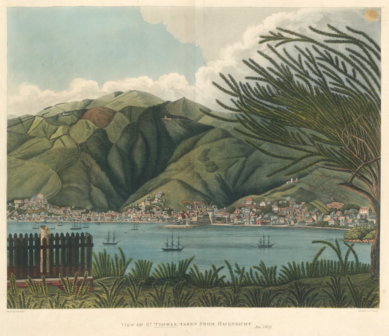 Utsikt over St. Thomas, hentet fra Havensicht, 18. januar, litografi av Joseph Constantine Stadler (fl.1780-1812) av P. M. (after) Vieillot