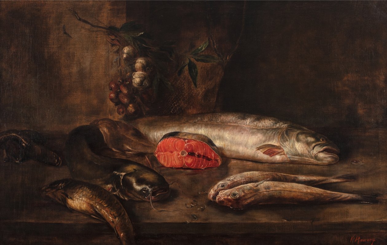 Et stilleben av fisk med karpe, steinbit, laks, rød mulle, ål og såle på en bordplate med hengende hvitløk og sjalottløk, død fisk, ca. 1775-1800 (olje på lerret) av P. Romney