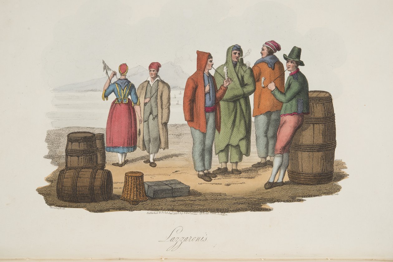 Lazzaroni's fra Italian Scenery, som representerer manerer, skikker og fornøyelser i de forskjellige statene i Italia, pub. 1806 (håndfarget gravering) av P. van (after) Lerberghi