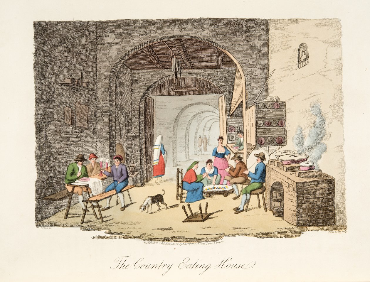 The Country Eating House, fra Italian Scenery, som representerer manerer, skikker og fornøyelser i de forskjellige statene i Italia, pub. 1806 (håndfarget gravering) av P. van (after) Lerberghi