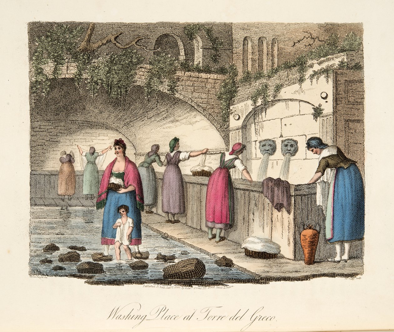 Vaskeplass ved Torre del Greco, fra Italian Scenery, som representerer manerer, skikker og fornøyelser i de forskjellige Italias stater, pub. 1806 (håndfarget gravering) av P. van (after) Lerberghi