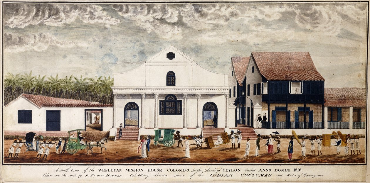En sørlig utsikt over Wesleyan Mission House, Colombo på øya Ceylon, reist Anno Domini 1816, ca. 1816 (akvarell) av P. van Houten