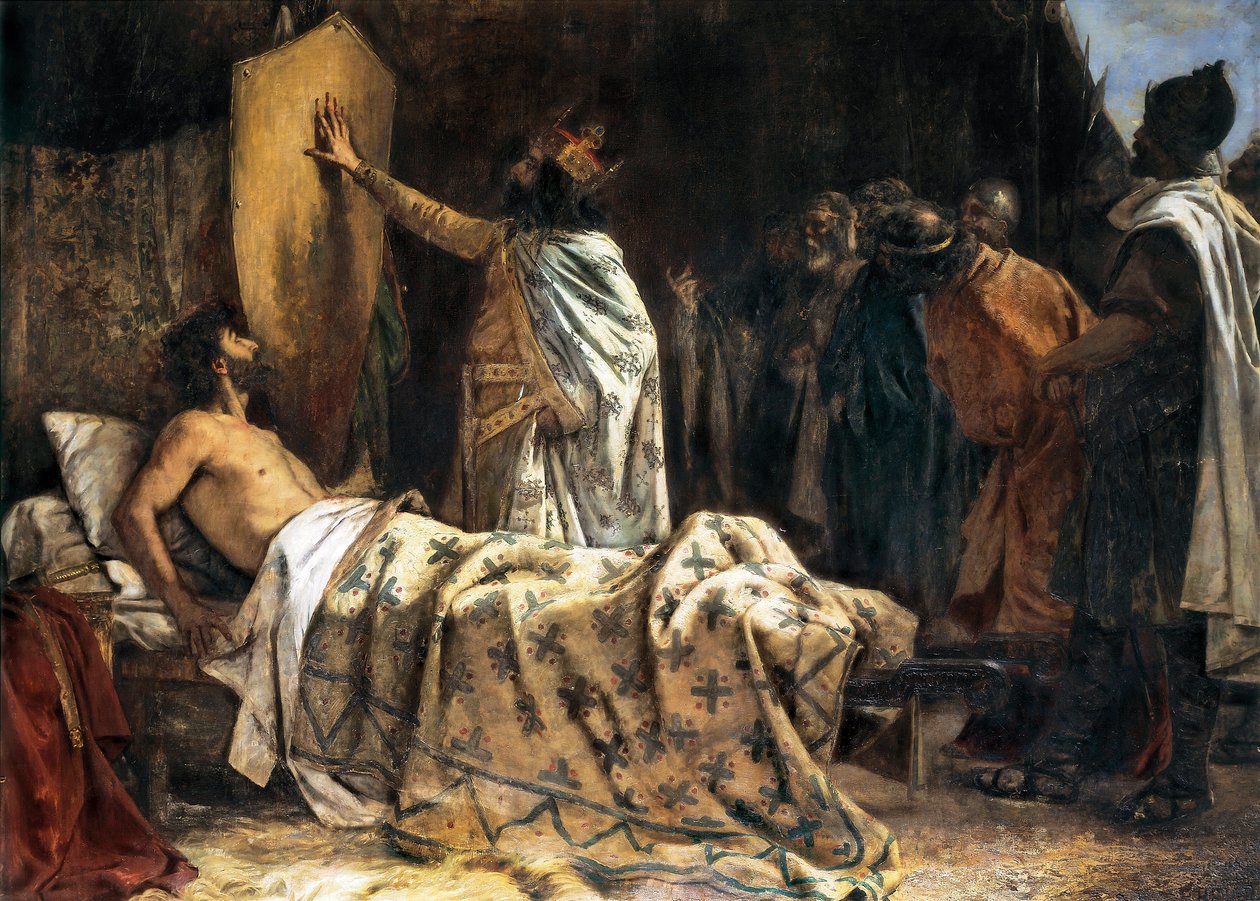 Grev Wilfred den håretes død (840-897), slutten av 1800- og begynnelsen av 1900-tallet (olje på lerret) av Pablo Antonio Béjar Novella