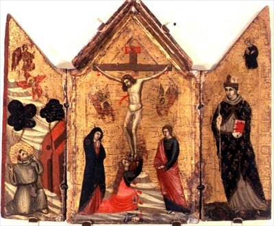 Korsfestelsestriptyk med St. Frans som mottar Stigmata og St. Benedict av Pacino di Bonaguida