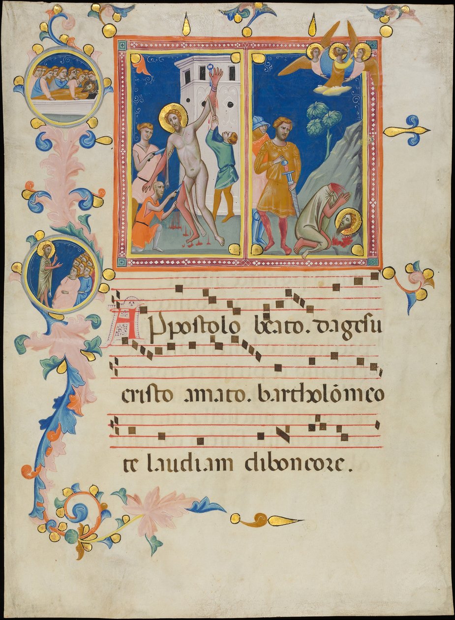 Manuskriptblad med Saint Bartholomews martyrium, fra en Laudario, ca. 1340. av Pacino di Bonaguida