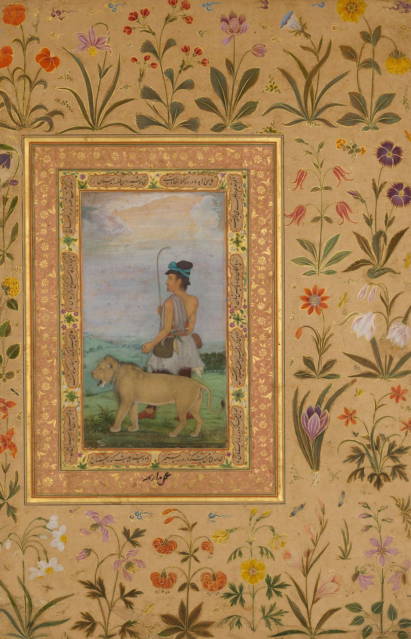 Dervish With a Lion, Folio fra Shah Jahan Album, verso: ca. 1630, rekto: ca. 1500. av Padarath