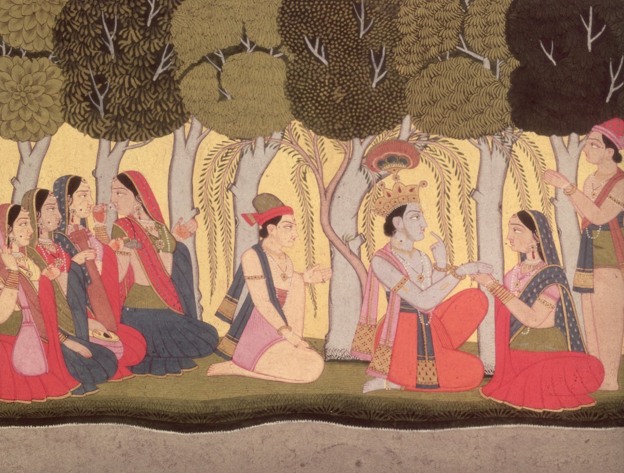 Radha og Krishna satt i en lund, Kulu, 1790-1800 av Pahari School