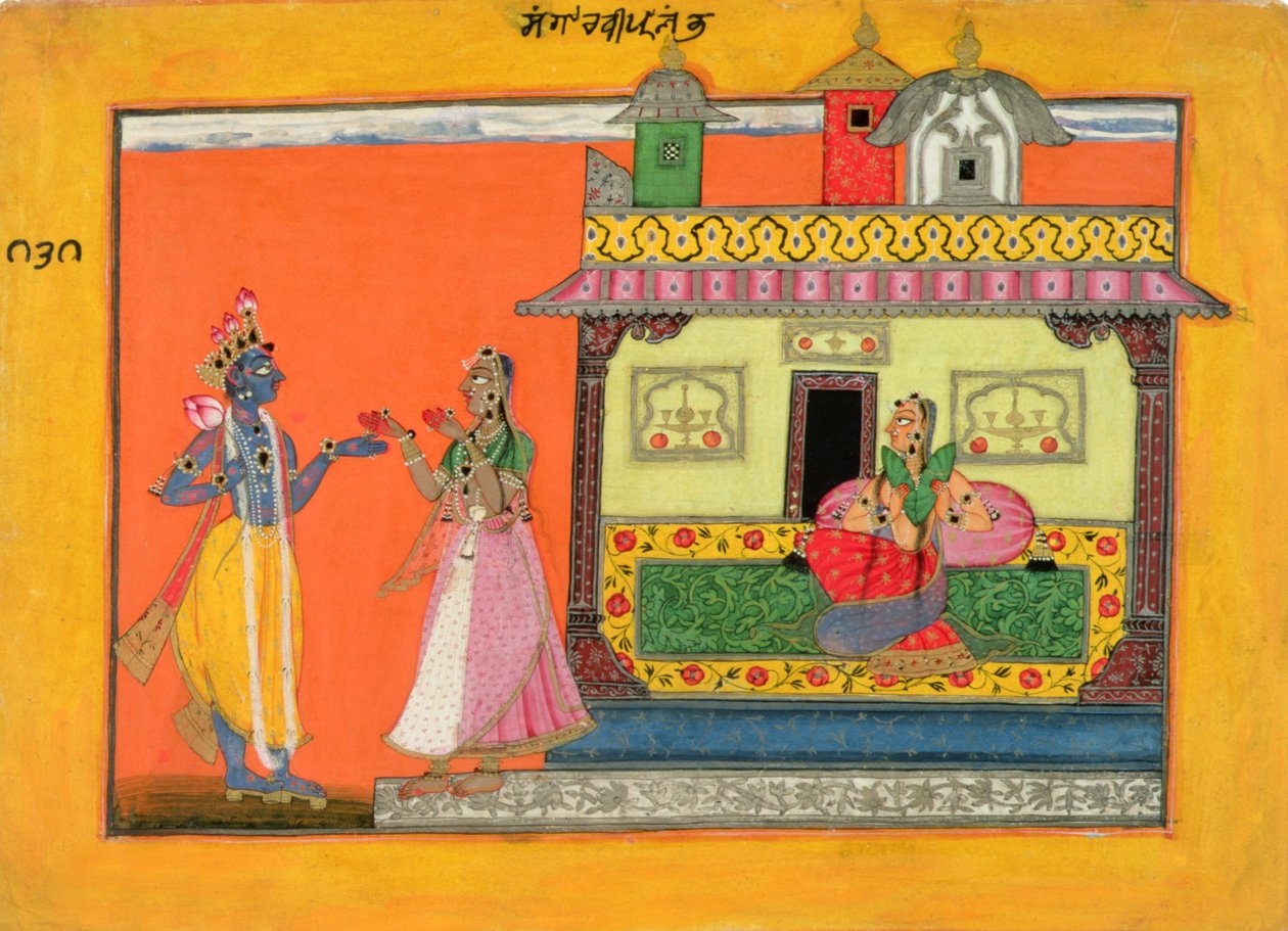 Krishna ankommer Radhas hus, illustrasjon fra et manuskript av Rasamanjari fra Bhanudatta, Basholi-stil, ca. 1660-70 av Pahari School