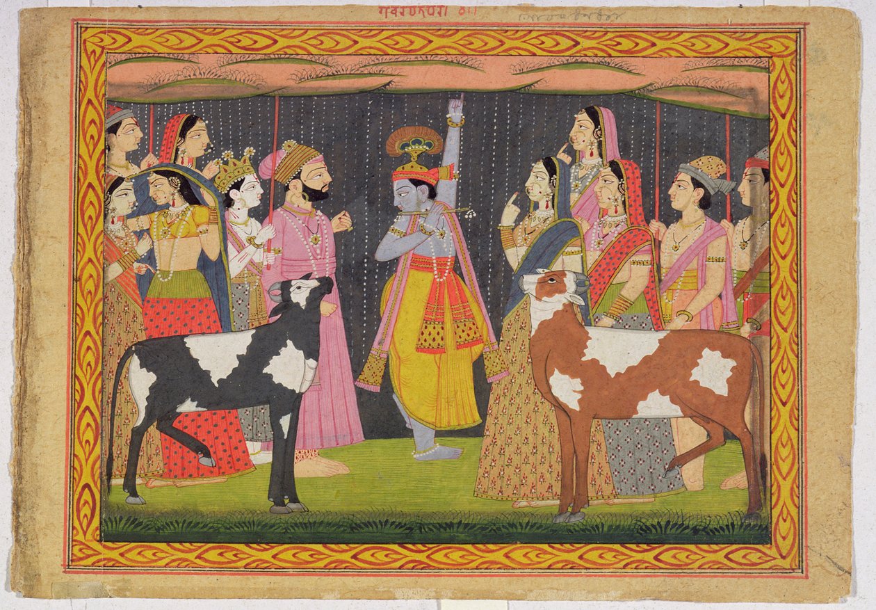 Krishna løfter Govardhana-fjellet, fra Bhagavata purana, Kulu, Himachal Pradesh, 1749 av Pahari School