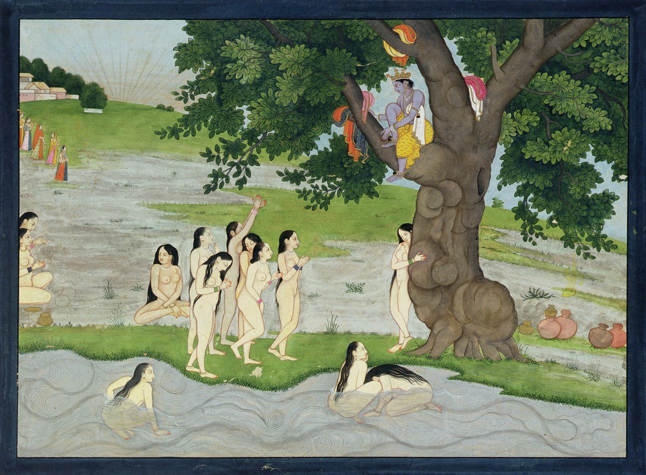 Krishna stjeler klærne til Gopies, fra Bhagavata purana, Kangra, Himachal Pradesh, 1780 av Pahari School