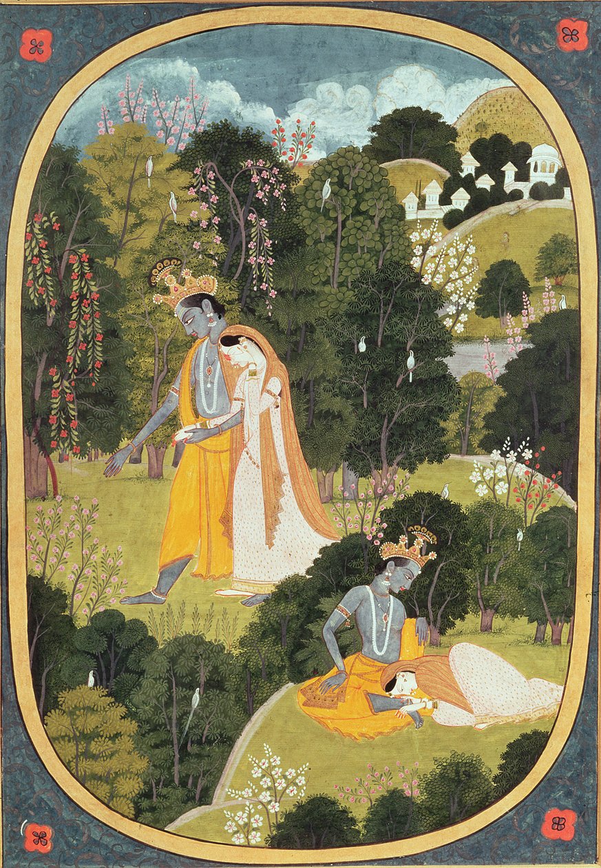 Radha og Krishna går i en lund, Kangra, Himachal Pradesh, 1820-25 av Pahari School