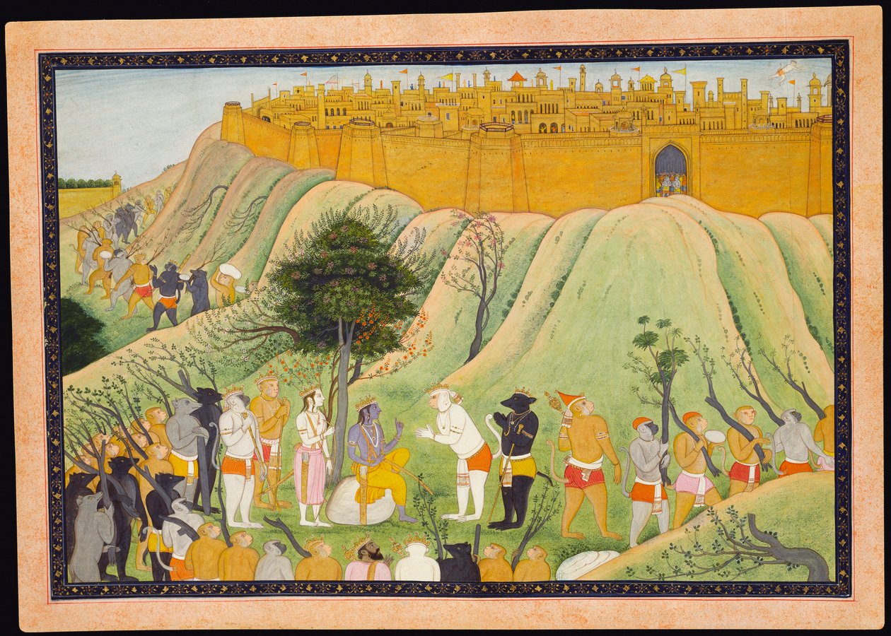 Rama og Lakshmana i råd med ape- og bjørnallierte, ca. 1800 av Pahari School