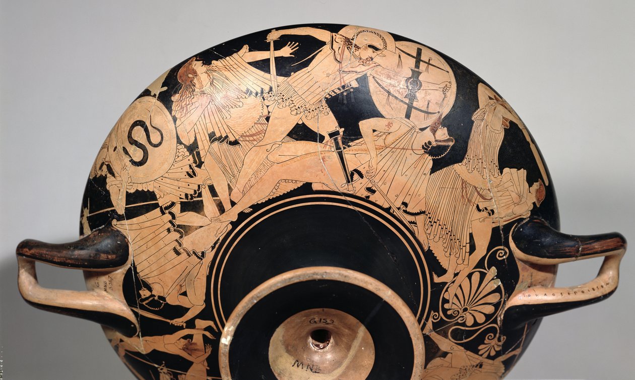 Detalj av en kopp med rød figur på loftet som viser scener fra den trojanske krigen, ca. 490 f.Kr. (keramikk) (se 92562 og 211797 for interiør) av Painter Brygos