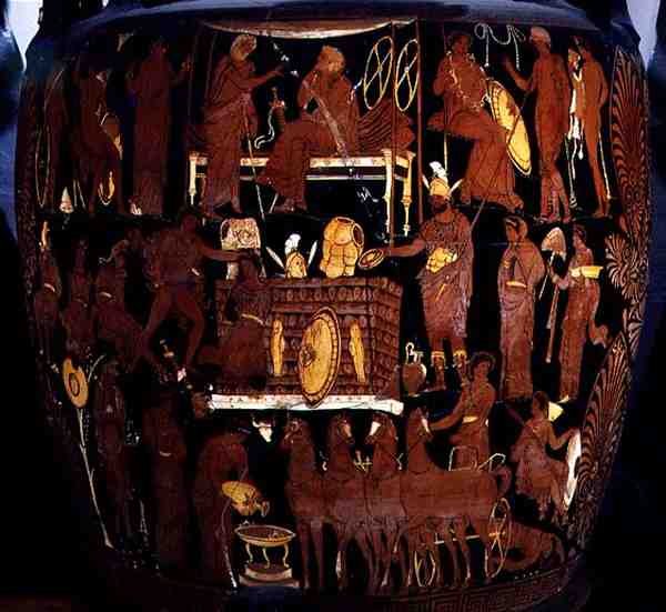 Apuliansk voluttkrater med rød figur, detalj om ofringen av trojanske fanger av Achilles ved begravelsen til Patroclus, gresk, fra Canosa, 4. århundre f.Kr. (keramikk) (se også 119457) av Painter Darius