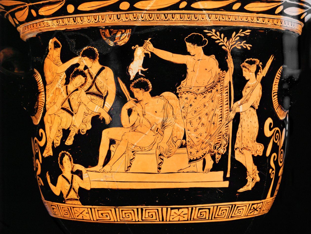 Rødfiguret klokkekrater fra Puglia: Apollon renser Orestes med blodet fra en grisunge … av Painter Eumenides