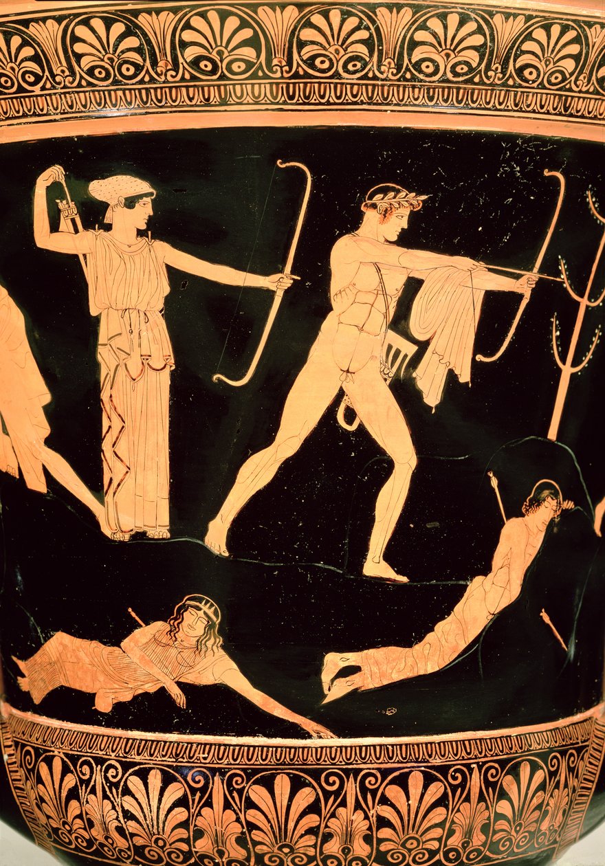 The Death of the Niobids, detalj fra en attisk rød-figur calyx-krater, ca. 450 f.Kr. (keramikk) (detalj fra 19106, se også 92576) av Painter Niobid