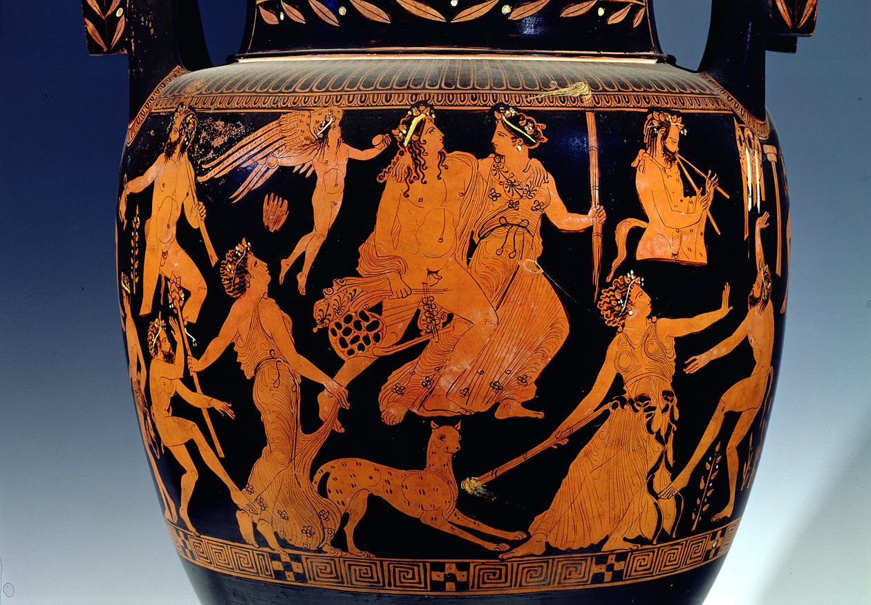 Loftsvoluttkrater med rød figur, detalj av scenen til skuespillere og musikere som forbereder seg til en forestilling, gresk, fra Ruvo, 500-tallet f.Kr. (keramikk) (se 119445-7) av Painter Pronomos