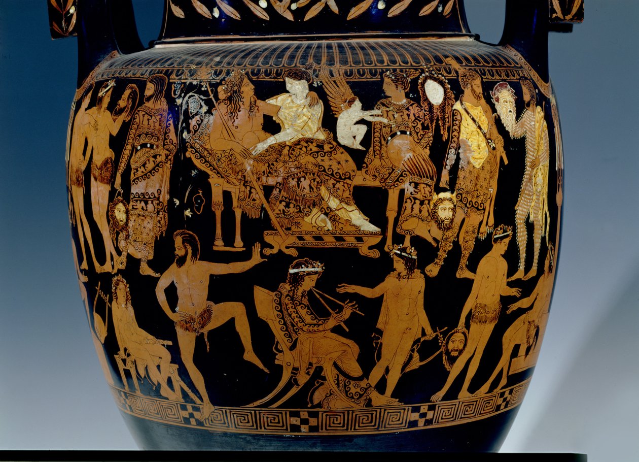 Loftsvoluttkrater med rød figur, detalj av scenen til skuespillere og musikere som forbereder seg til en forestilling før Bacchus og Ariadne, gresk, fra Ruvo, 5. århundre f.Kr. (keramikk) (se også 119444-5 av Painter Pronomos