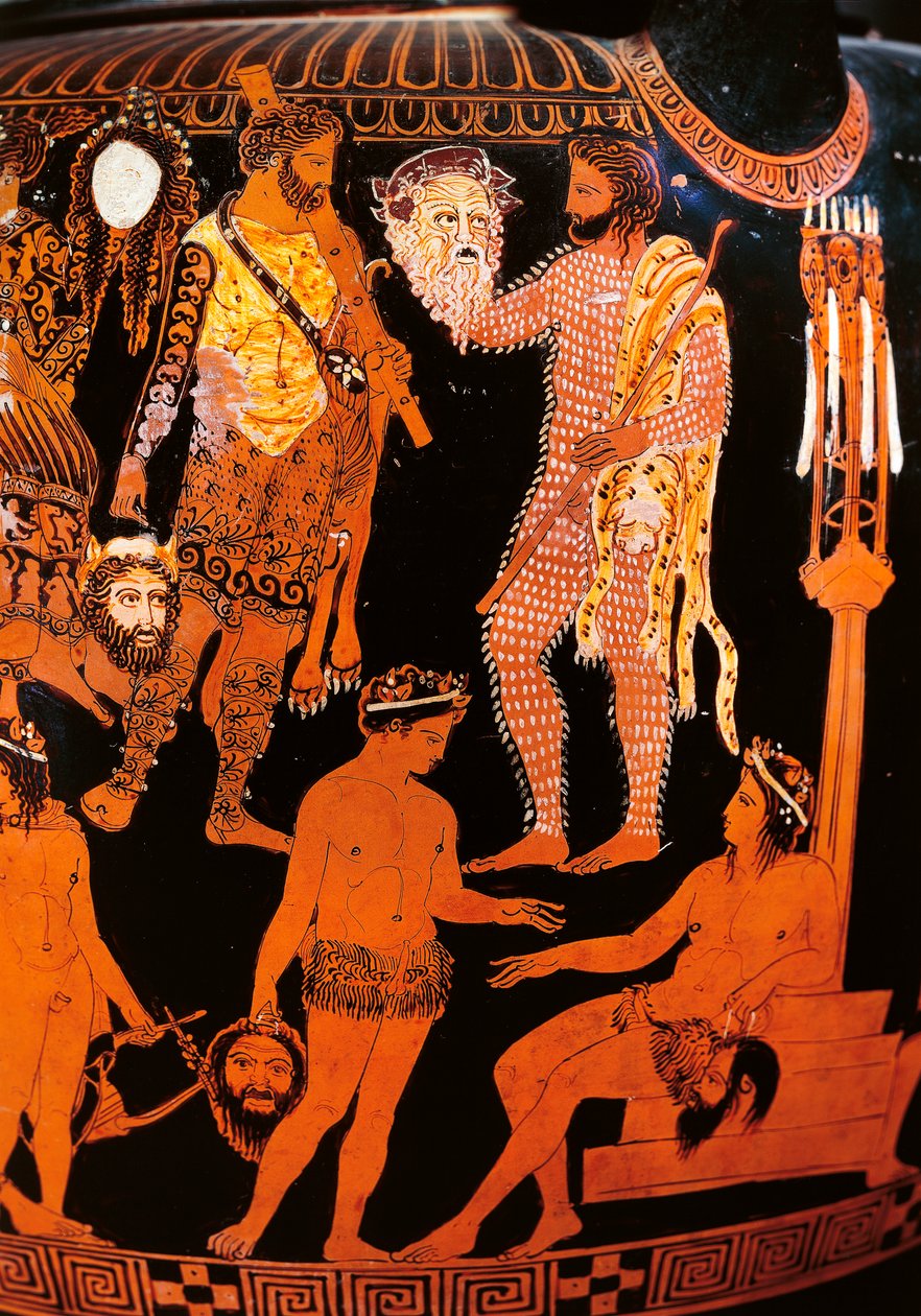 Voluttkrater med rød figur med en skuespiller som holder masken sin, fra Ruvo, ca. 410 f.Kr. (keramikk) av Painter Pronomos