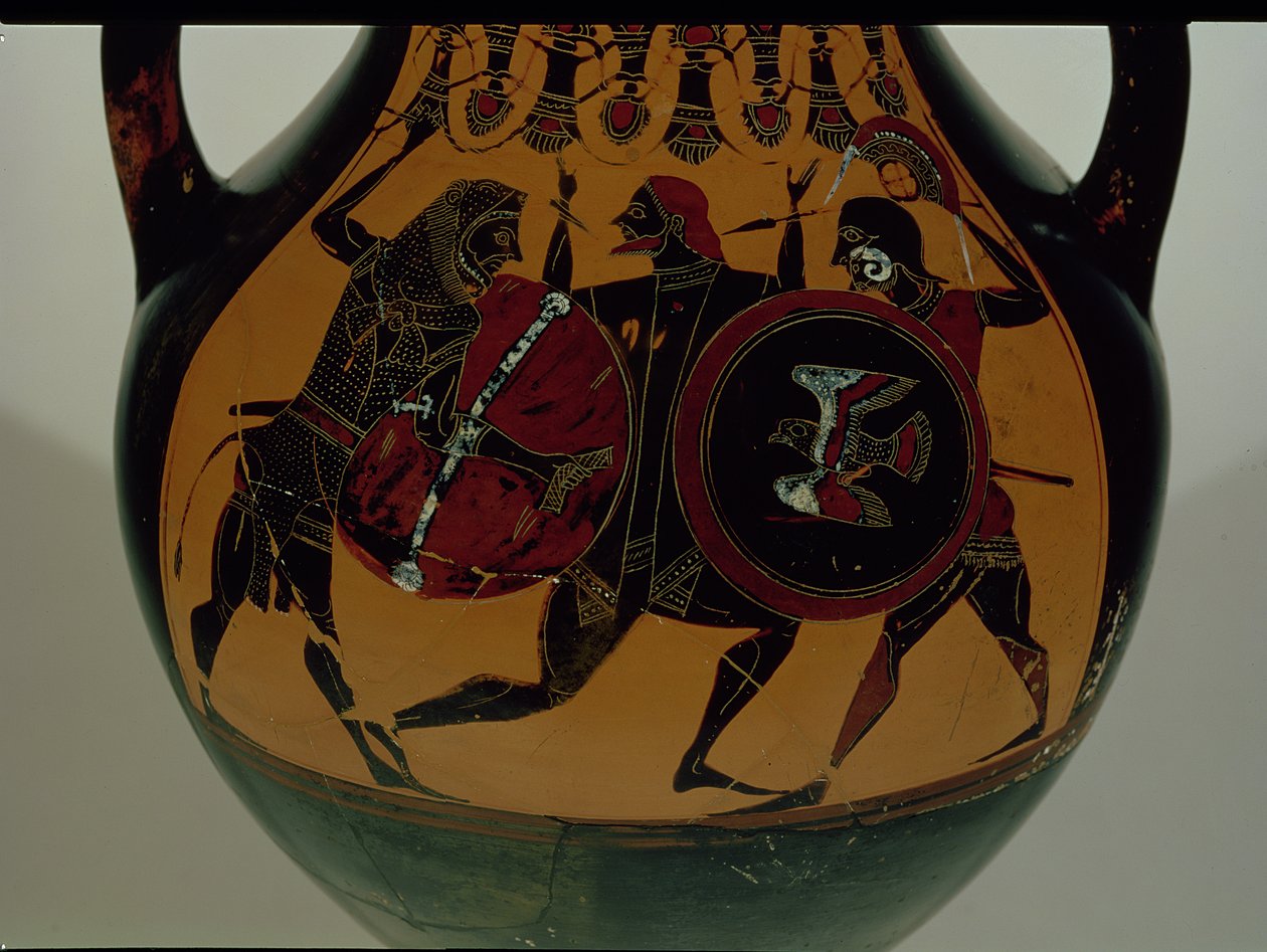 Attisk svartfigur amfora dekorert med en scene av Herakles kledd i et løveskinn som kjemper mot Cycnus, ca. 540 f.Kr. (keramikk) av Painter of Berlin