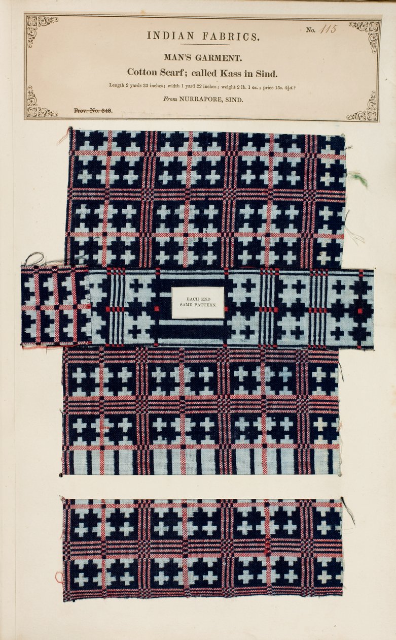 Prøve av bomullskjerf fra Nurrapore i Sind, fra The Collection of the Textile Manufacturers of India, av John Forbes Watson, utgitt i 1866 av Pakistani School