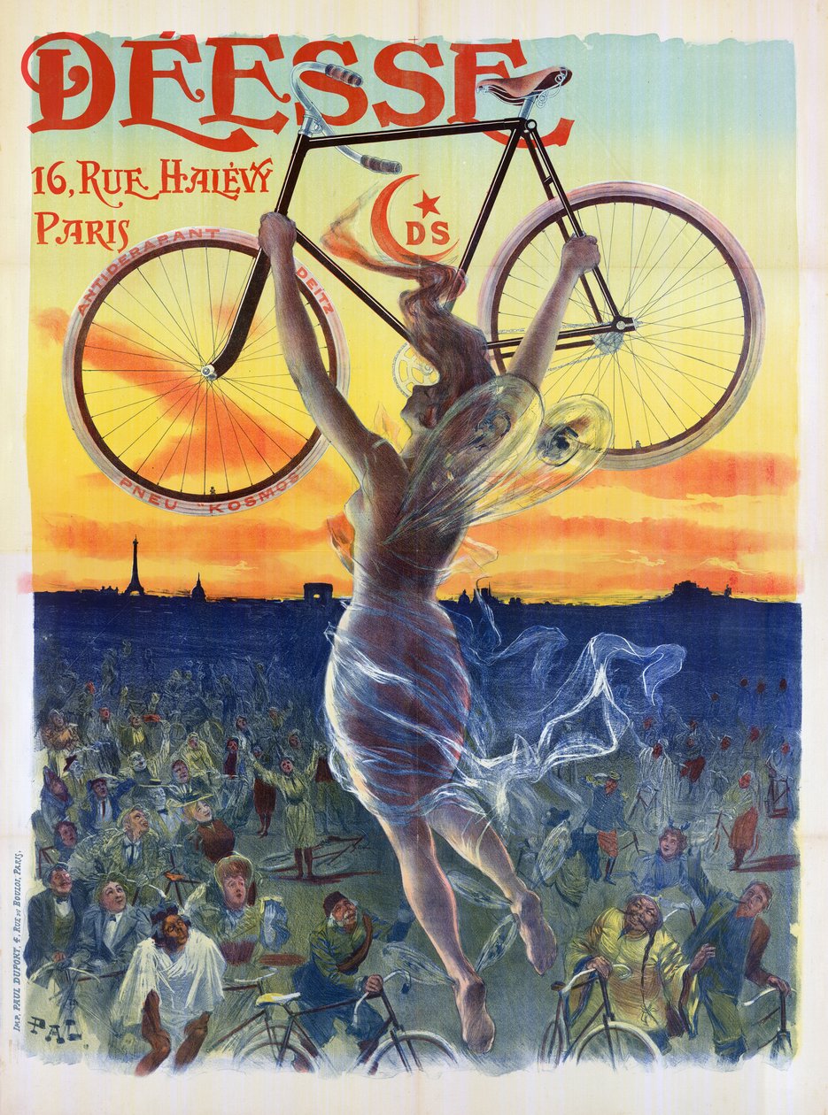Vintage fransk plakat av en gudinne med en sykkel, ca. 1898 (litho-farge) av Pal
