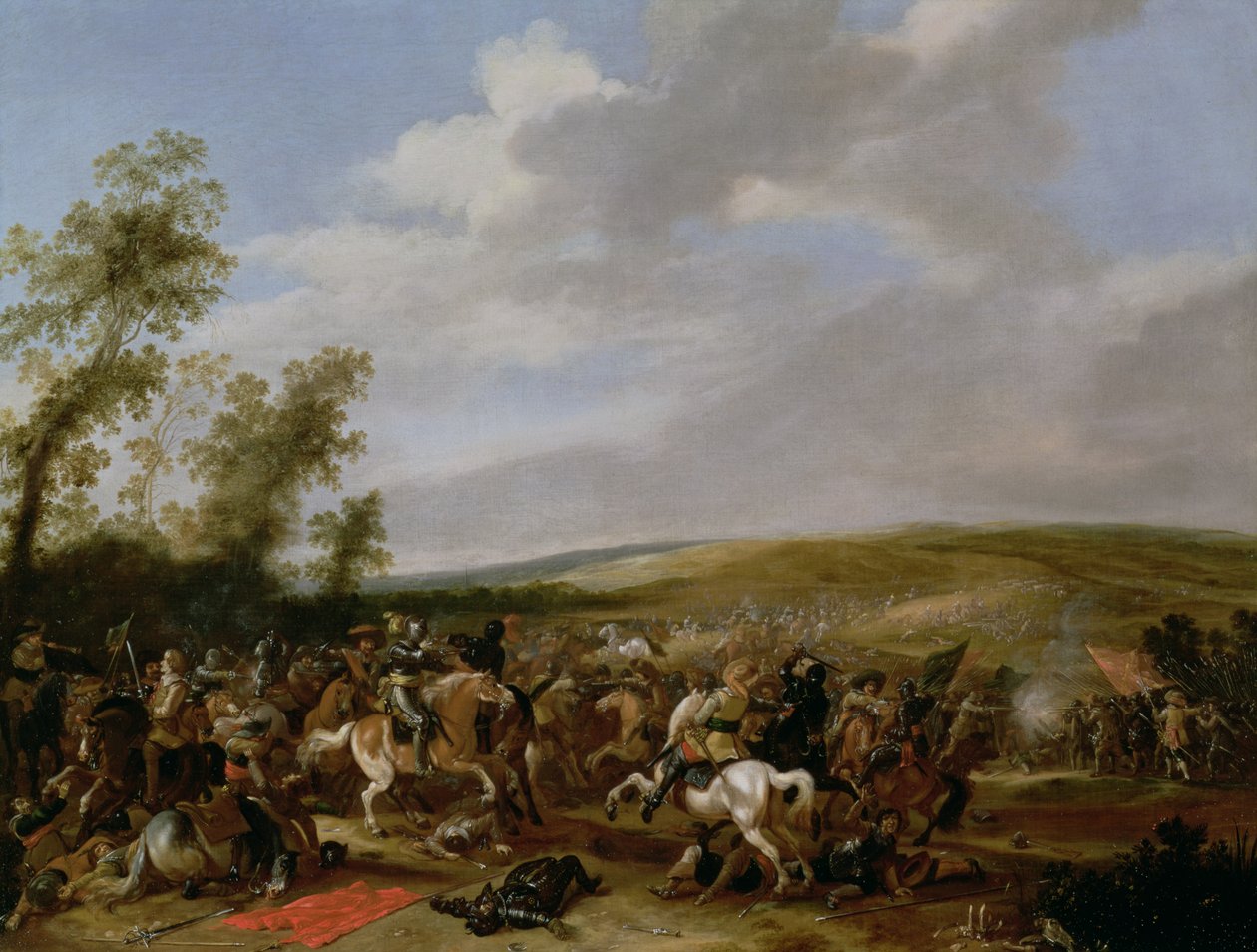 Slagscene ved Lutsen mellom kong Gustavus Adolphus av Sverige mot troppene til Wallenstein, 1632 av Anthonie Palamedesz