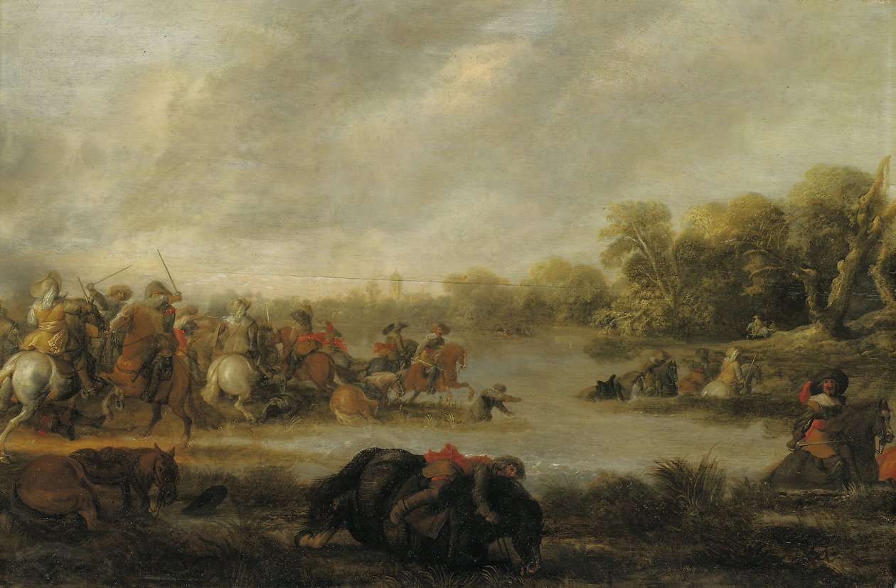En kavaleri trefning ved en elv av Palamedes Palamedesz