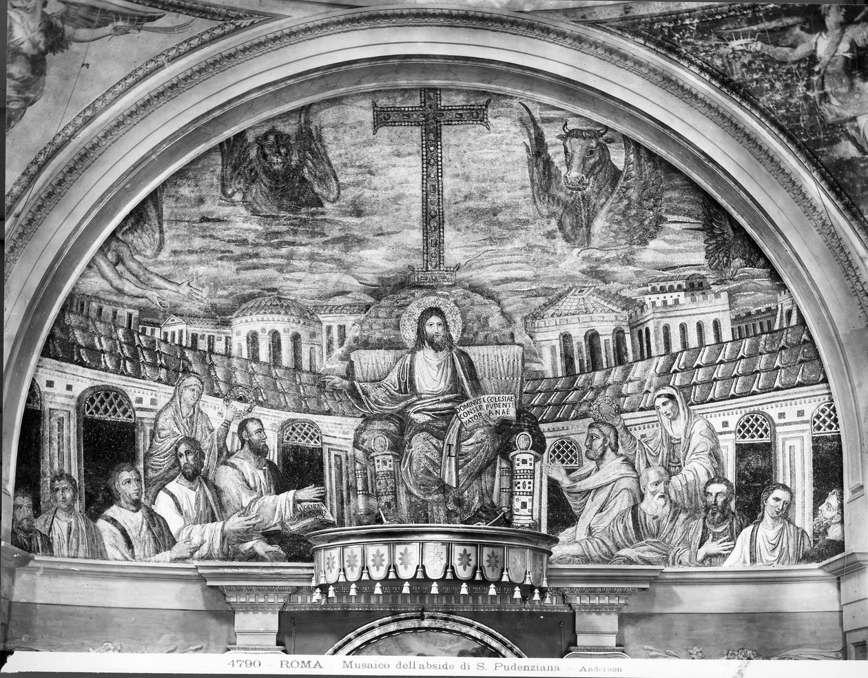 Kristus troner omgitt av apostlene og de hellige Pudentiana og Praxedis, i Apsis (mosaikk) av Paleo Christian