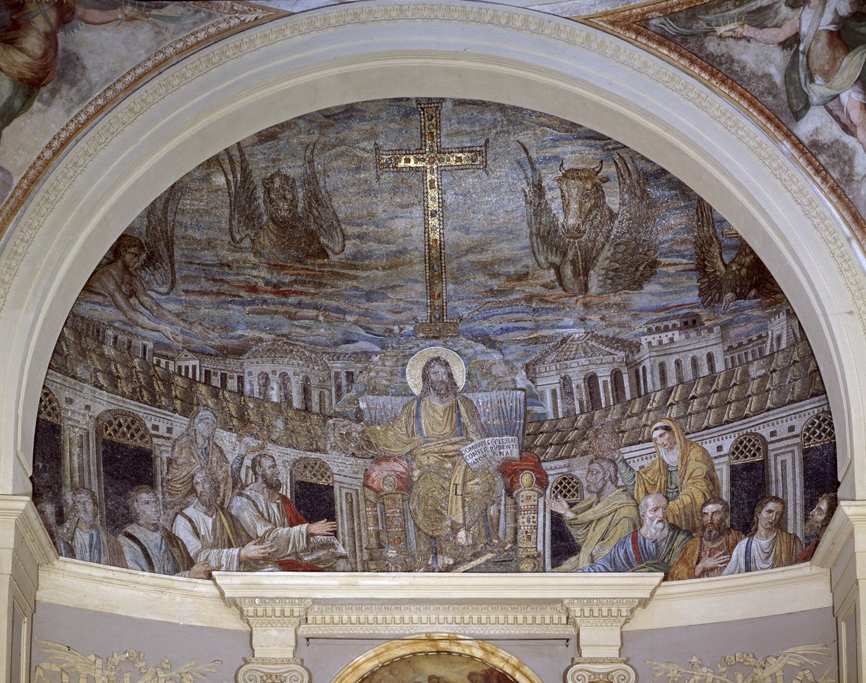 Kristus troner omgitt av apostlene og de hellige Pudentiana og Praxedis, i Apsis (mosaikk) av Paleo Christian