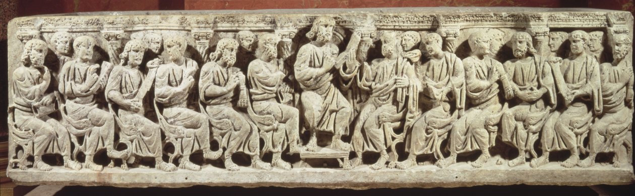 Kristus sittende og underviser omgitt av apostlene, kristen sarkofag i marmor, anskaffet fra kirken Rignieux-le-Franc, slutten av det 4. århundre e.Kr. av Paleo Christian