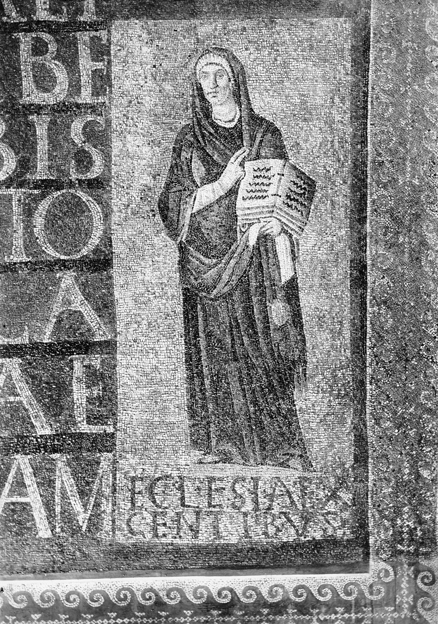 Figur som representerer hedningenes kirke og en del av de syv heksameterinskripsjonene (mosaikk) av Paleo Christian