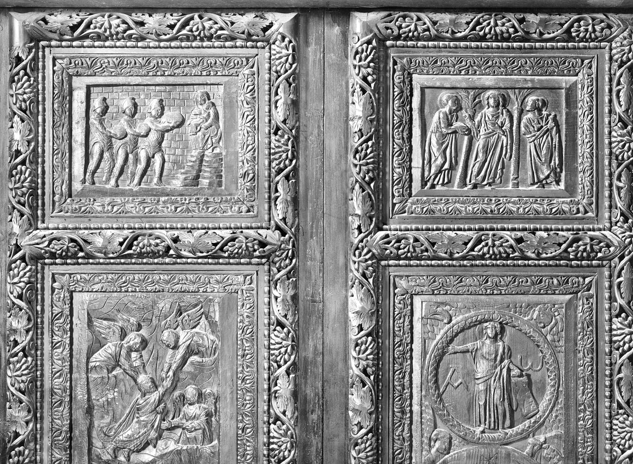 Fire dørpaneler som viser scener fra Det gamle og nye testamente (tre) av Paleo Christian