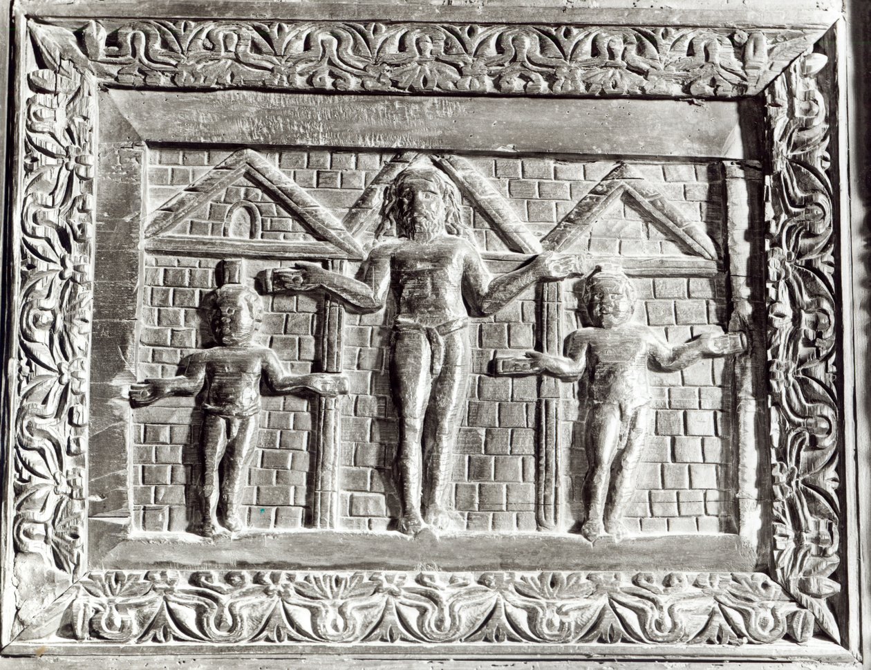 Korsfestelsen, panel fra en dør dekorert med scener fra Det gamle og nye testamente (tre) av Paleo Christian