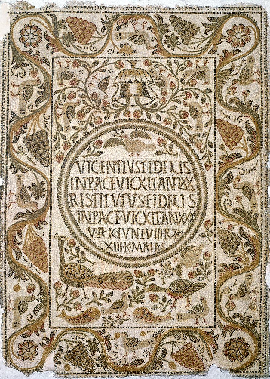 Gravstein med epitafium, fra kirken til presten Felix, nær Kelibia, 4.-5. århundre (mosaikk) av Paleo Christian