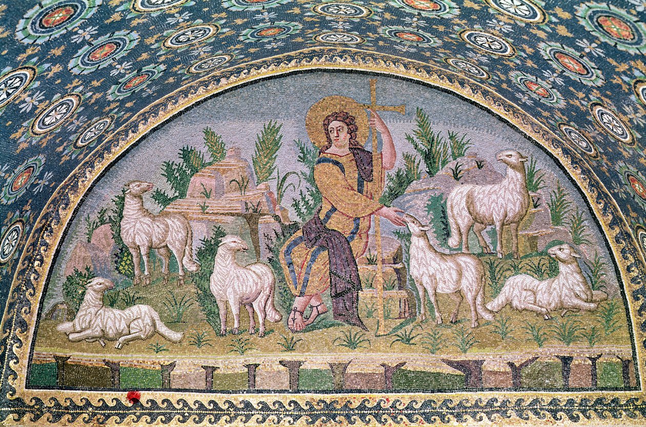 Den gode hyrde, lunette fra over inngangen (mosaikk) av Paleo Christian