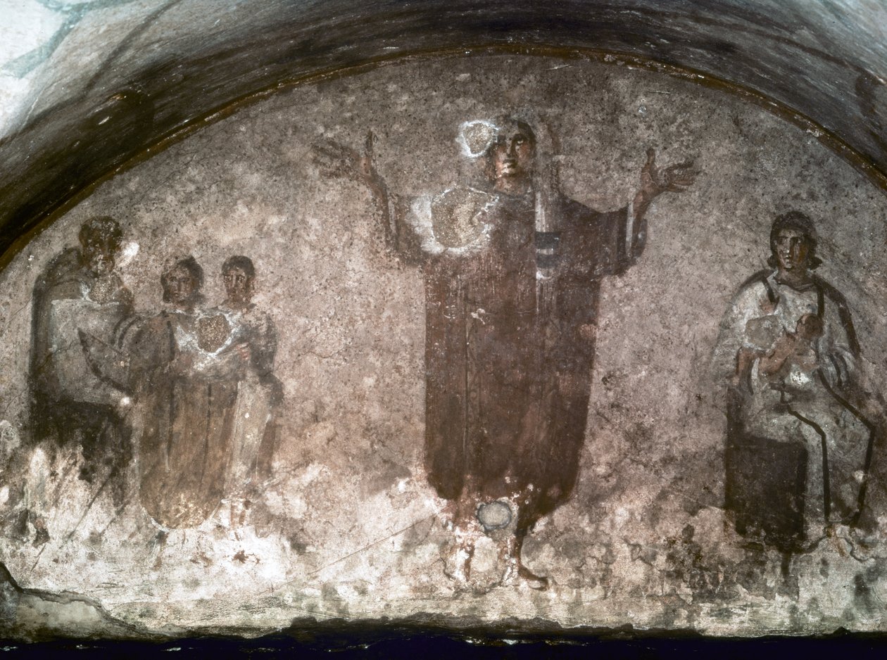 TIDLIG KRISTEN KUNST: Catacombe di St. Priscilla. Velata-boksen, slutten av det 3. århundre (freske) av Paleo-Christian