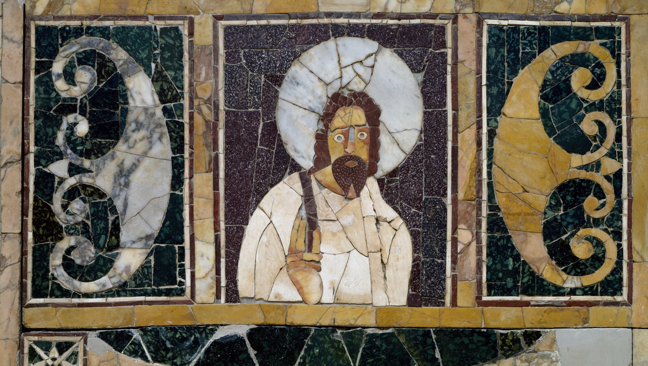 Innlagt marmor som viser Kristi ansikt, gjenstand fra Roma, Italia, tidlig kristen periode av Paleo Christian